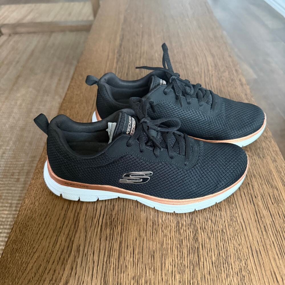 Skechers Flex Appeal Black Rose Gold Athletic Sneakers Women’s 6.5 Memory Foam